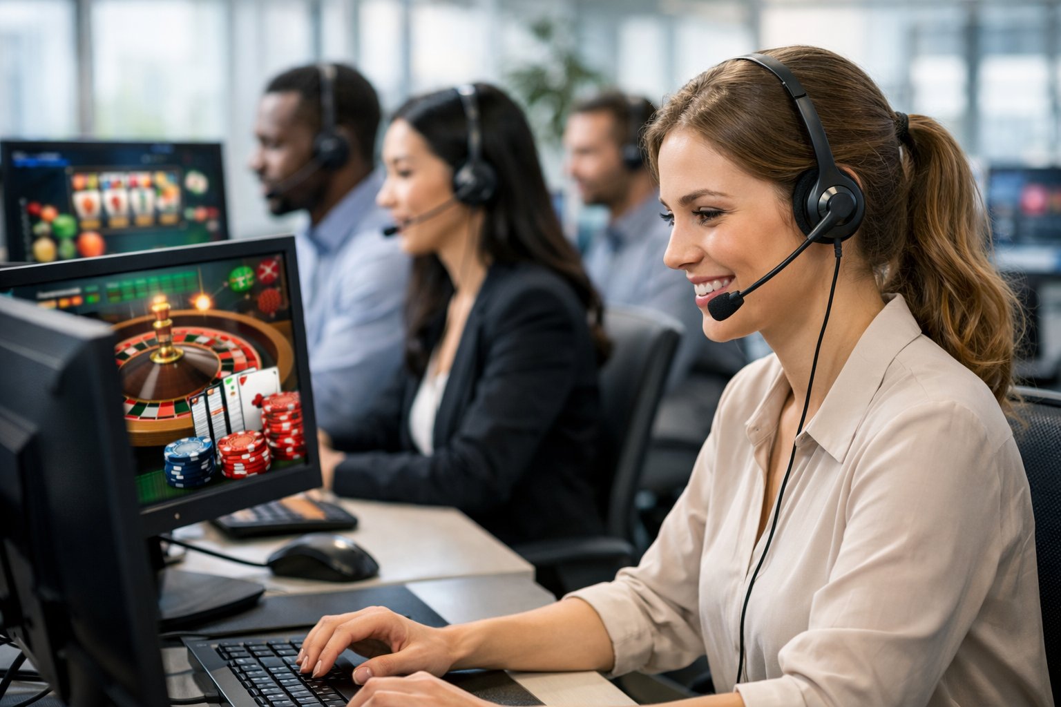 A Diverse Team Of Customer Support Representatives Wearing Headsets Working At Computers In A Modern Office Environment.