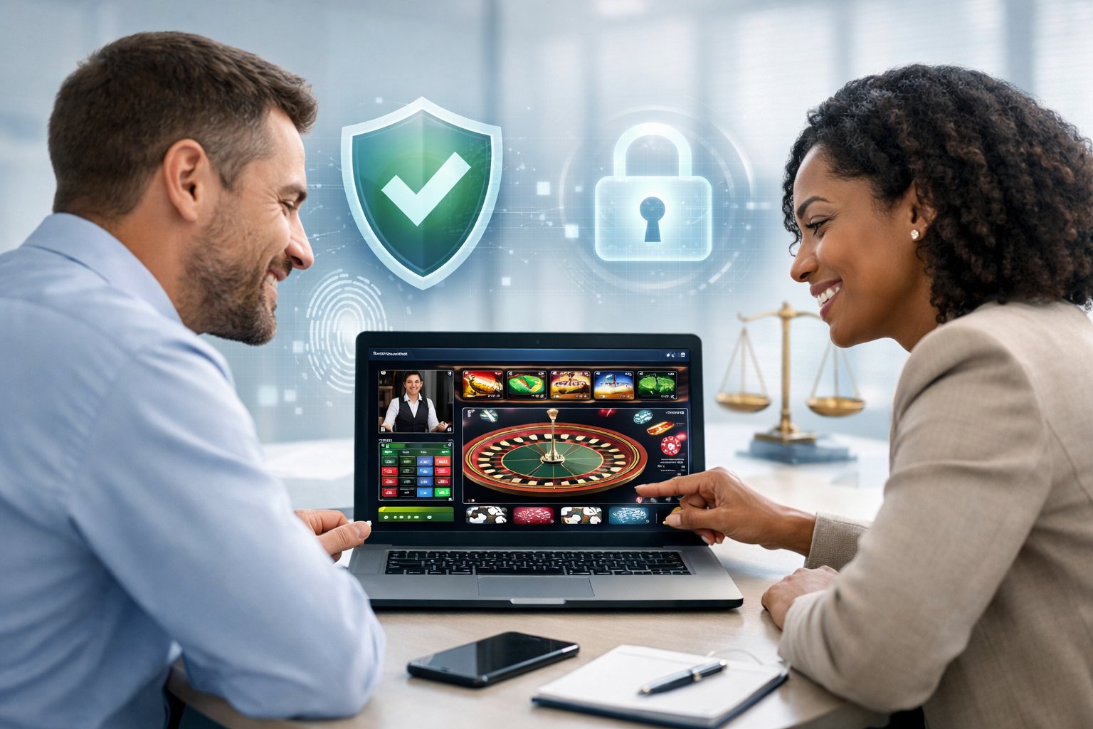 People Reviewing A Secure Online Casino Platform On A Laptop In A Bright Office, With Symbols Representing Security And Fairness In The Background.