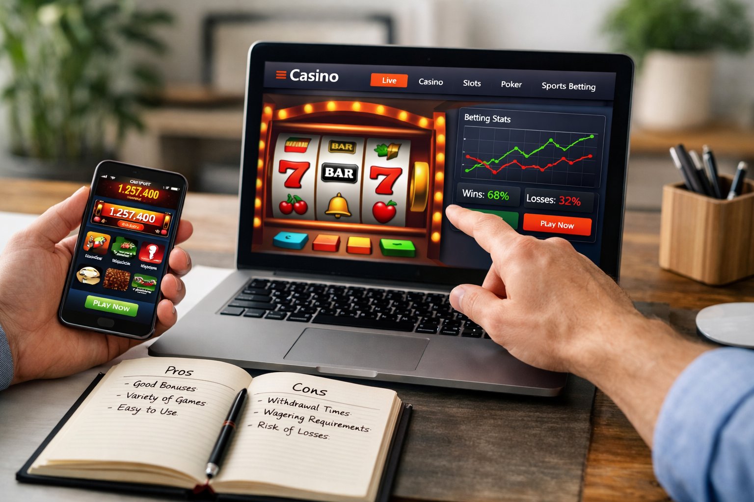 A Person At A Desk Reviewing CasinoRelated Content On A Laptop And Smartphone With Notes On The Table.