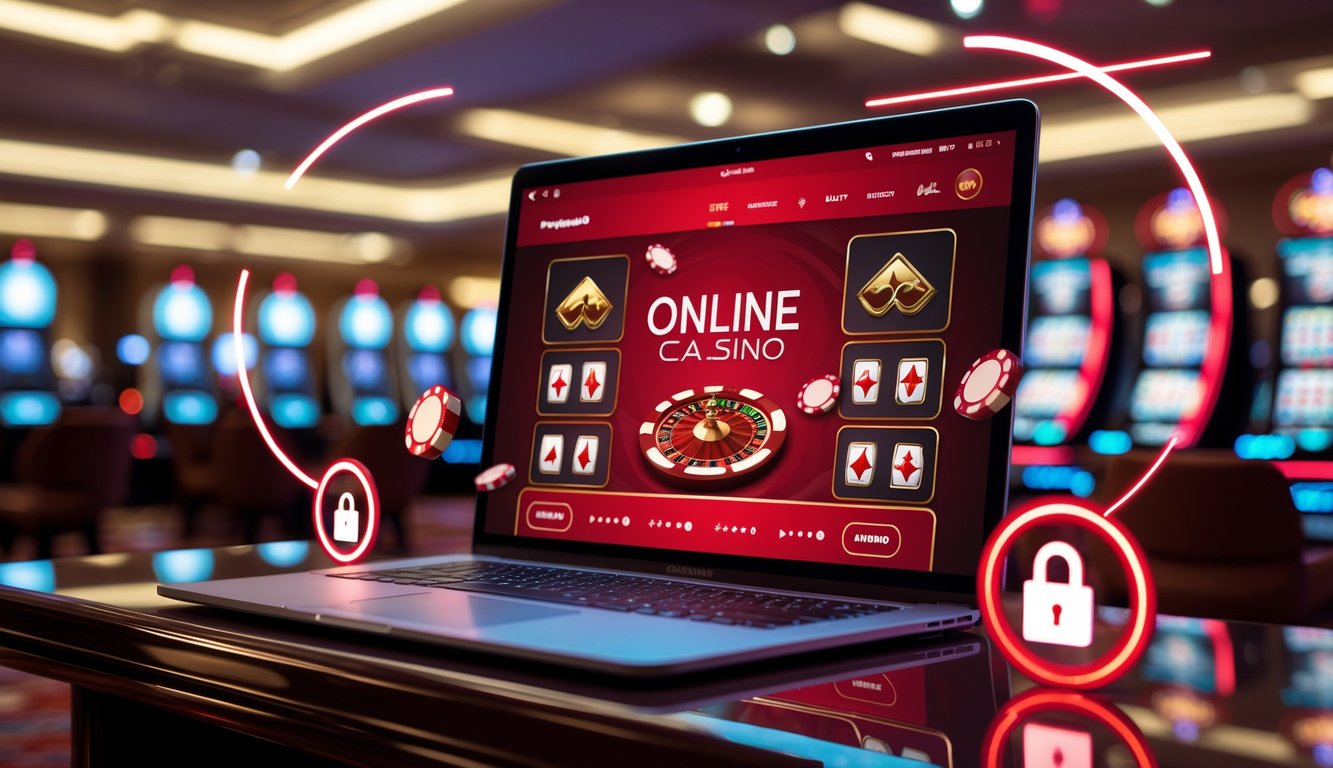 Suasana kasino modern dengan komputer menampilkan permainan kartu online berwarna merah, di meja yang rapi dengan latar belakang interior kasino yang elegan.