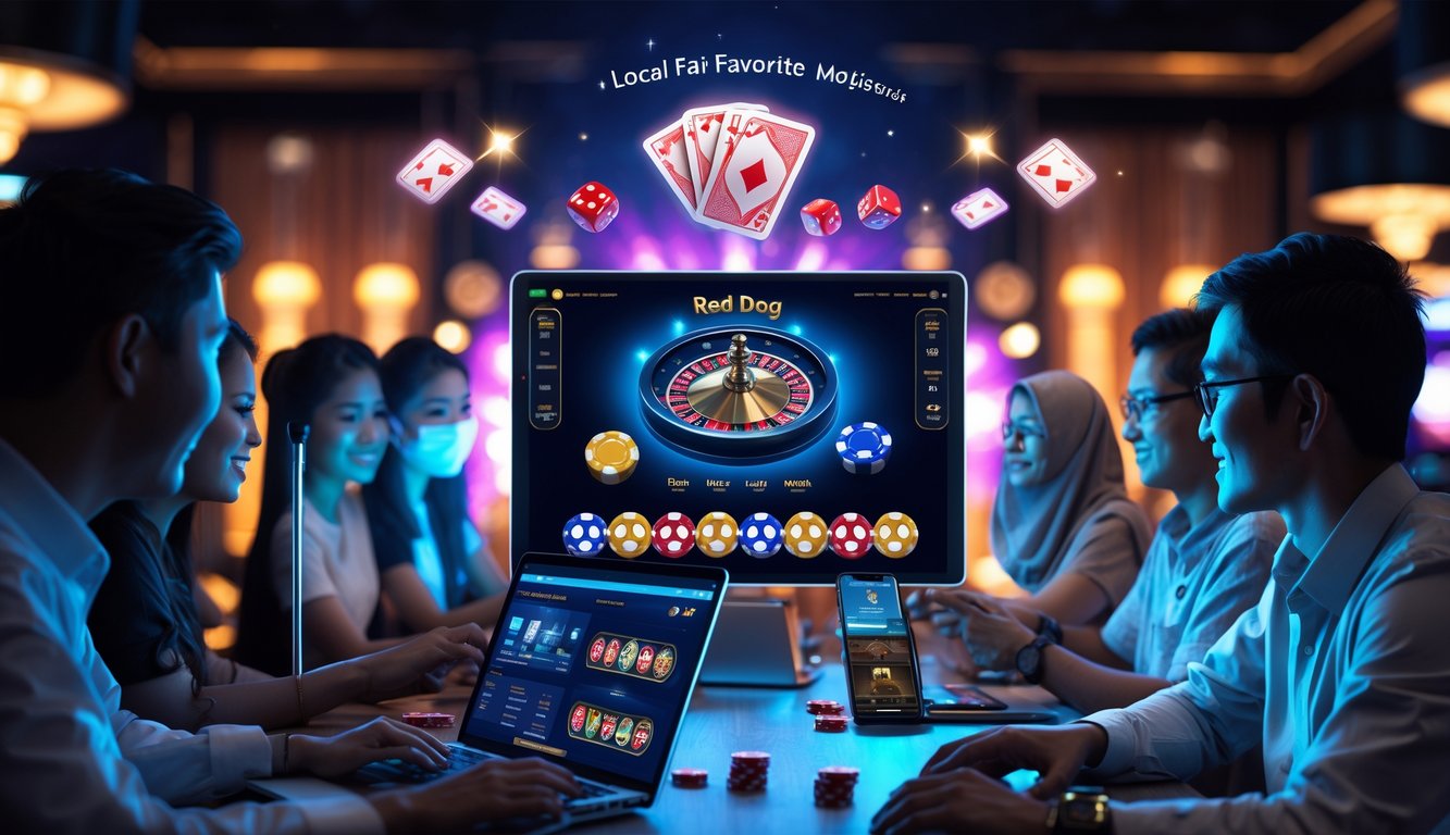 Suasana kasino modern dengan beberapa pemain Indonesia yang sedang bermain permainan red dog secara online menggunakan laptop dan ponsel.