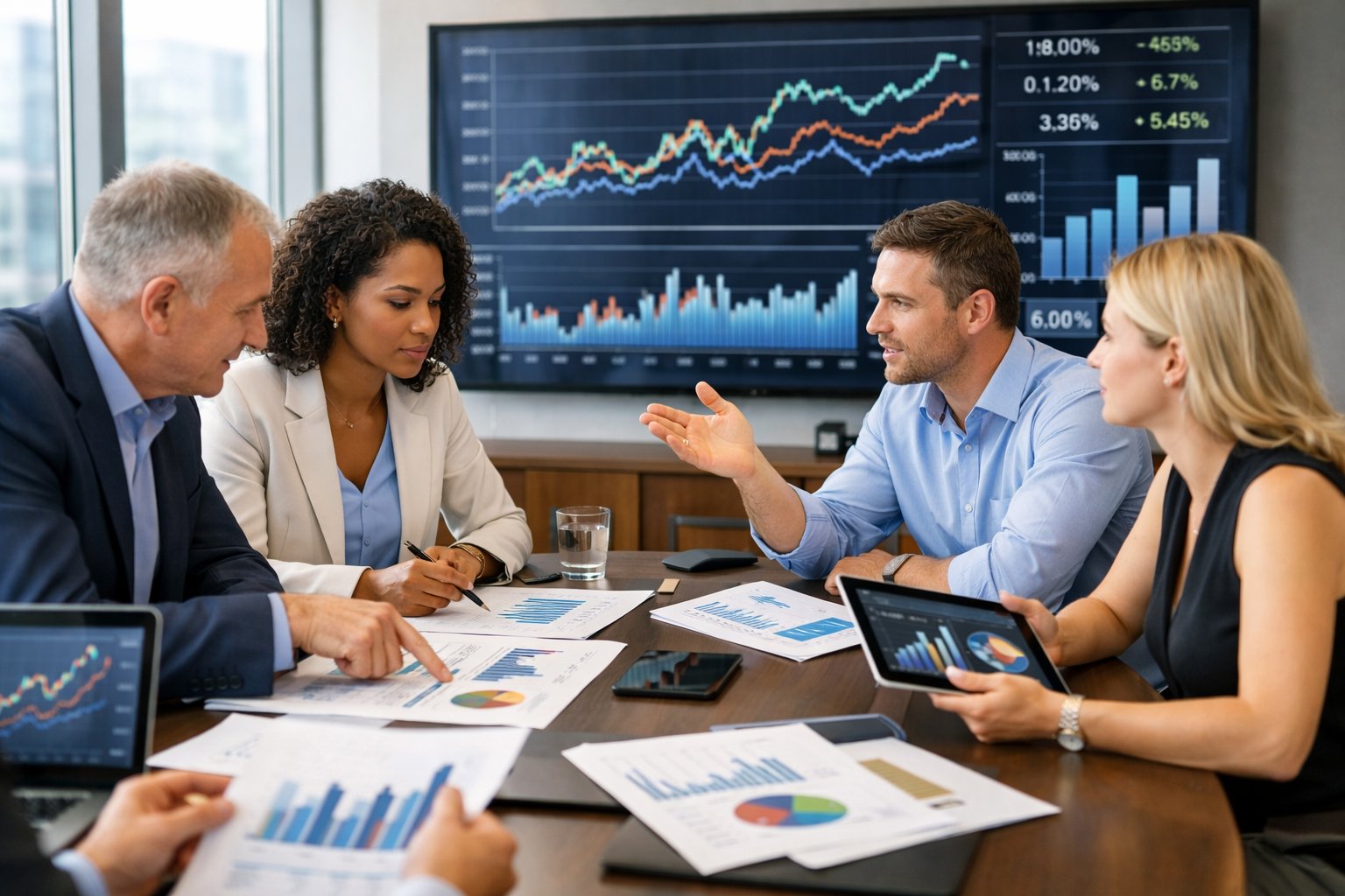 Des professionnels en réunion autour d'une table avec des ordinateurs et des graphiques, analysant des données économiques dans un bureau moderne.