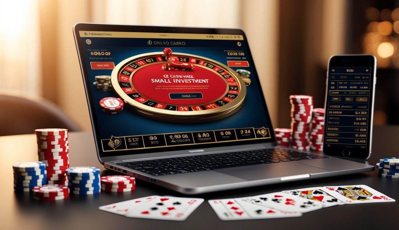 Seorang pemain menggunakan laptop dengan tampilan permainan kasino online Red Dog, dikelilingi oleh chip poker dan kartu remi di meja permainan.