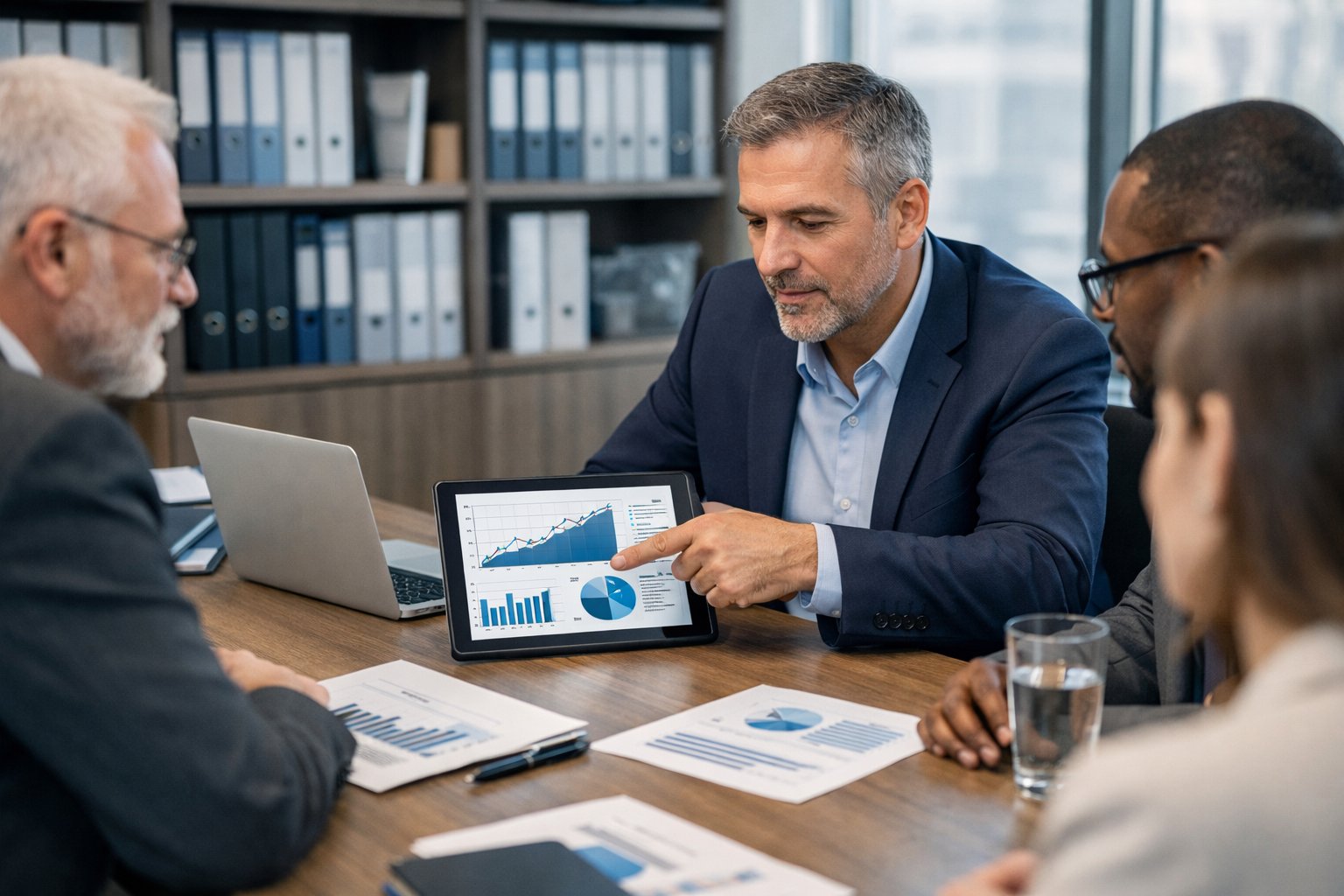 Des professionnels en réunion dans un bureau moderne, analysant des documents et des données sur une tablette autour d'une table de conférence.