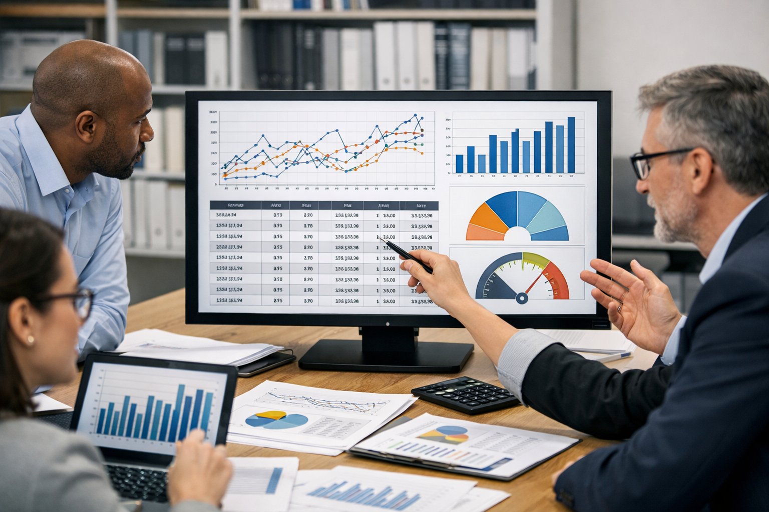 Un groupe de professionnels analysant des données économiques sur des écrans d’ordinateur dans un bureau moderne.