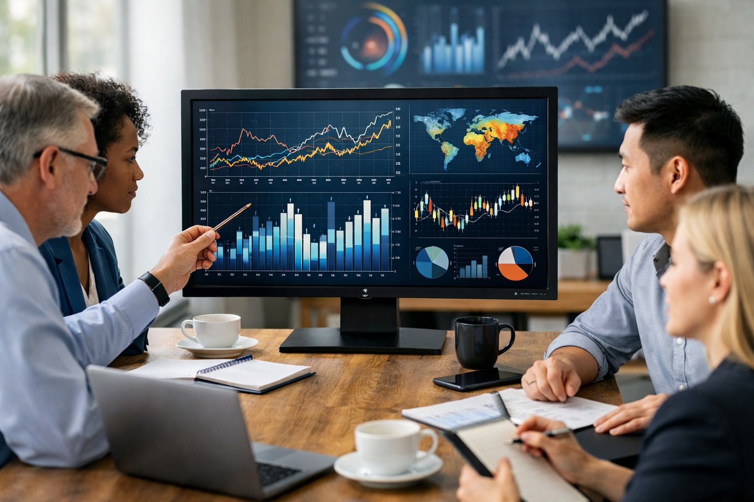 Un groupe de professionnels dans un bureau moderne analysant des données économiques sur un ordinateur.