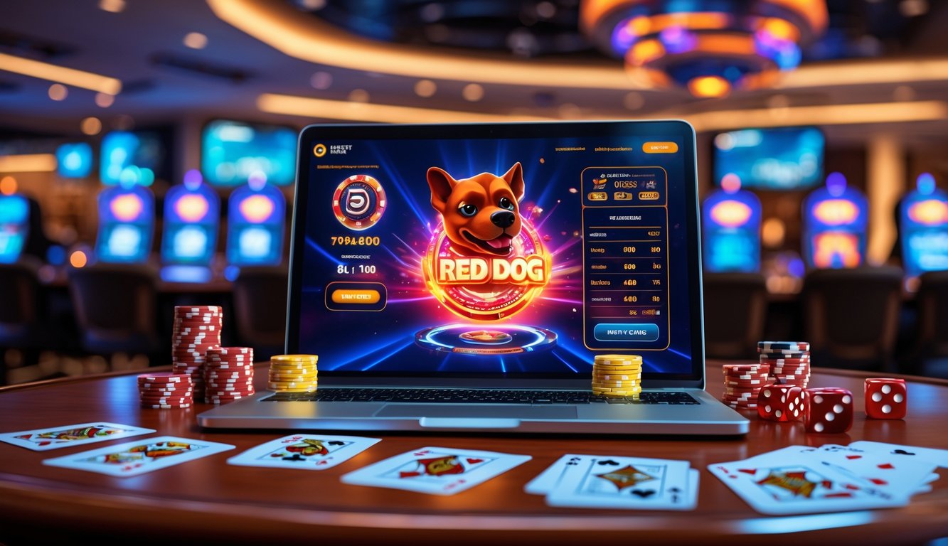 Suasana kasino online dengan layar komputer menampilkan permainan kartu red dog dan perlengkapan judi di atas meja kayu.