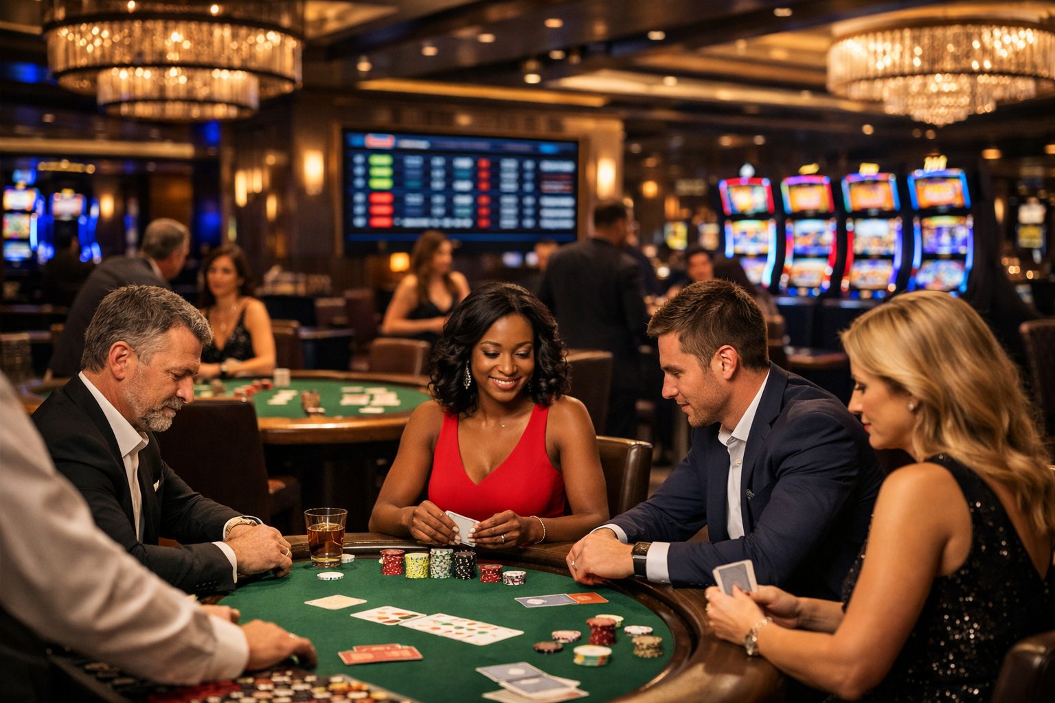 A Lively Casino Floor With Gaming Tables, Slot Machines, And Players Engaged In Games.