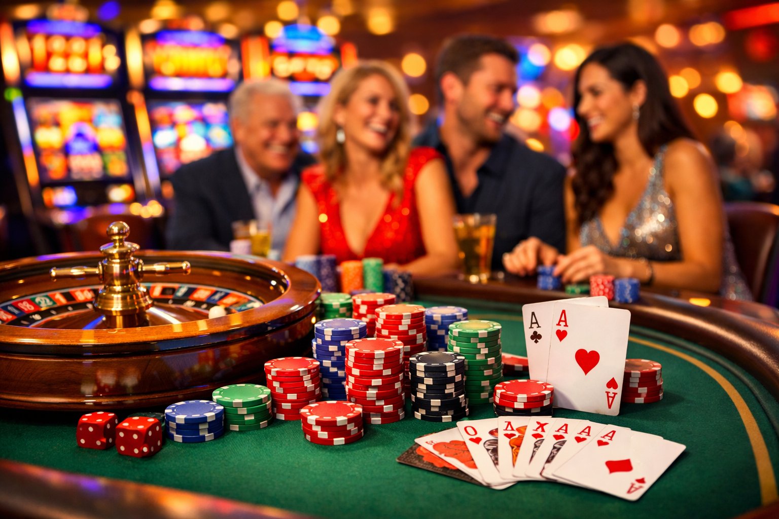A Lively Casino Scene With People Playing At A Gaming Table Surrounded By Poker Chips, Cards, And A Roulette Wheel.
