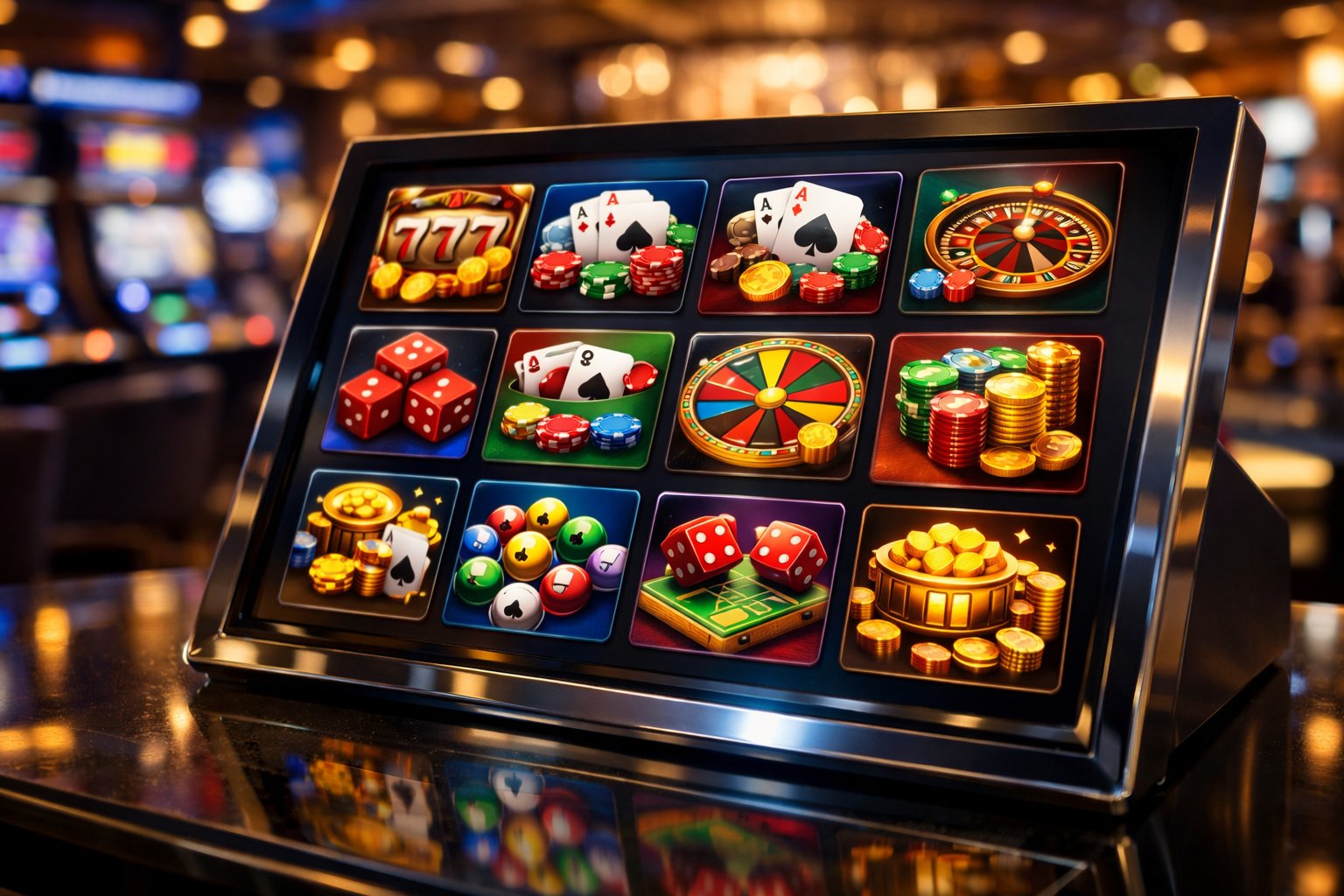 A Digital Touchscreen Display Showing Various Colorful Casino Game Icons In A Modern Casino Setting.