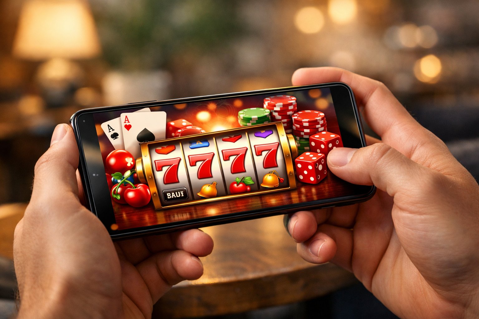 A Person Holding A Smartphone Displaying A Colorful Casino Game In A Cozy Indoor Setting.