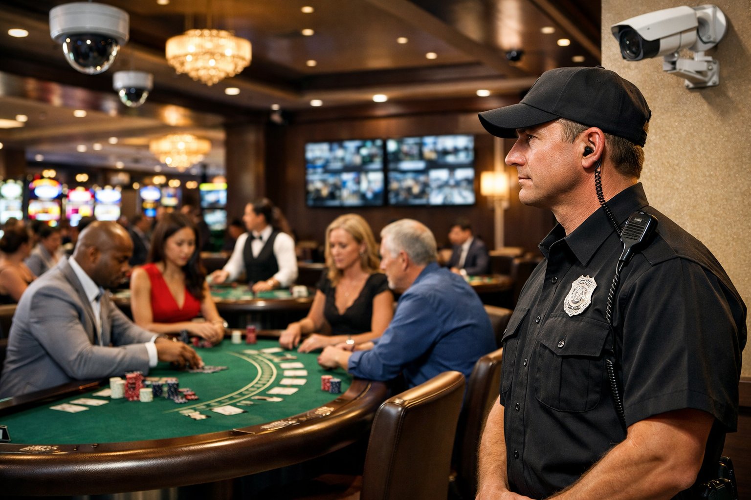 A Casino Floor With Players At Gaming Tables And A Security Guard Monitoring The Area Under Surveillance Cameras.
