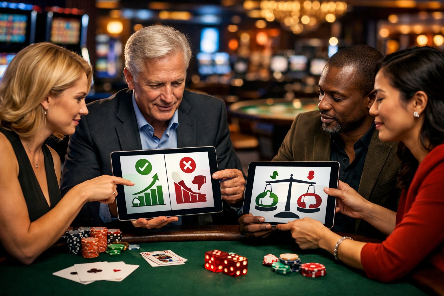 People Discussing Casino Games At A Table With Slot Machines And Gaming Elements In A Modern Casino Setting.