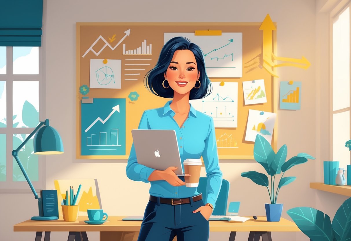 A confident mom entrepreneur standing in a home office with a laptop and coffee cup, surrounded by symbols of growth and children's drawings.