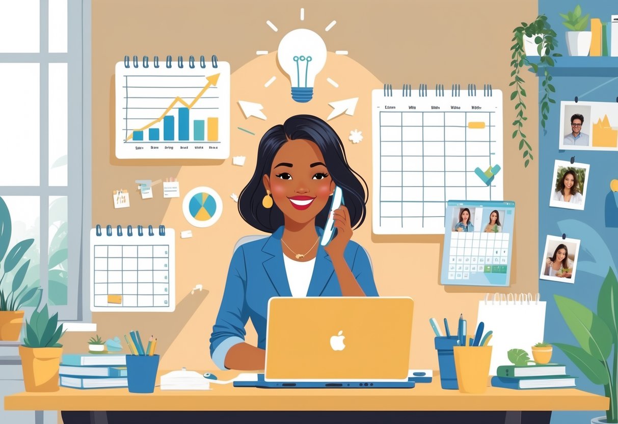 A confident mom working at a home office desk with a laptop and phone, surrounded by symbols of success and a cozy room background.