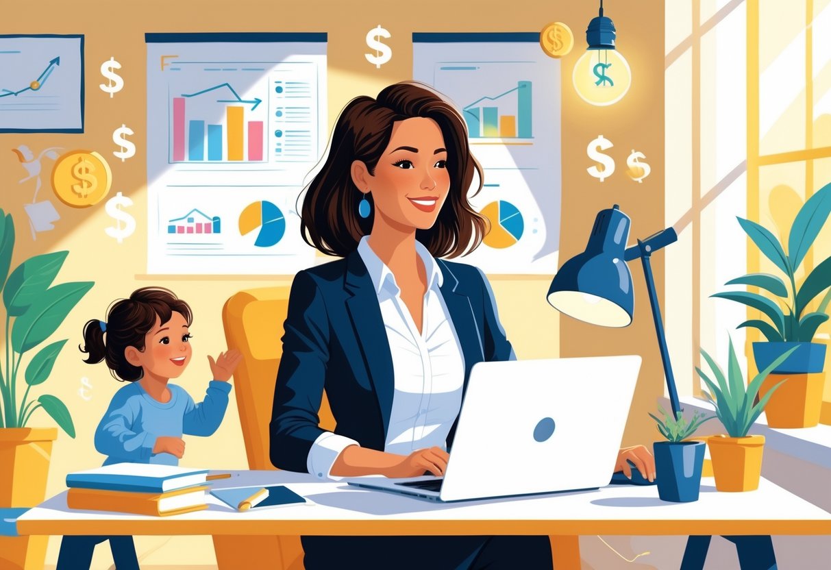 A confident mom working at a desk with a laptop in a bright home office while her child plays nearby, surrounded by symbols of success like charts and lightbulbs.