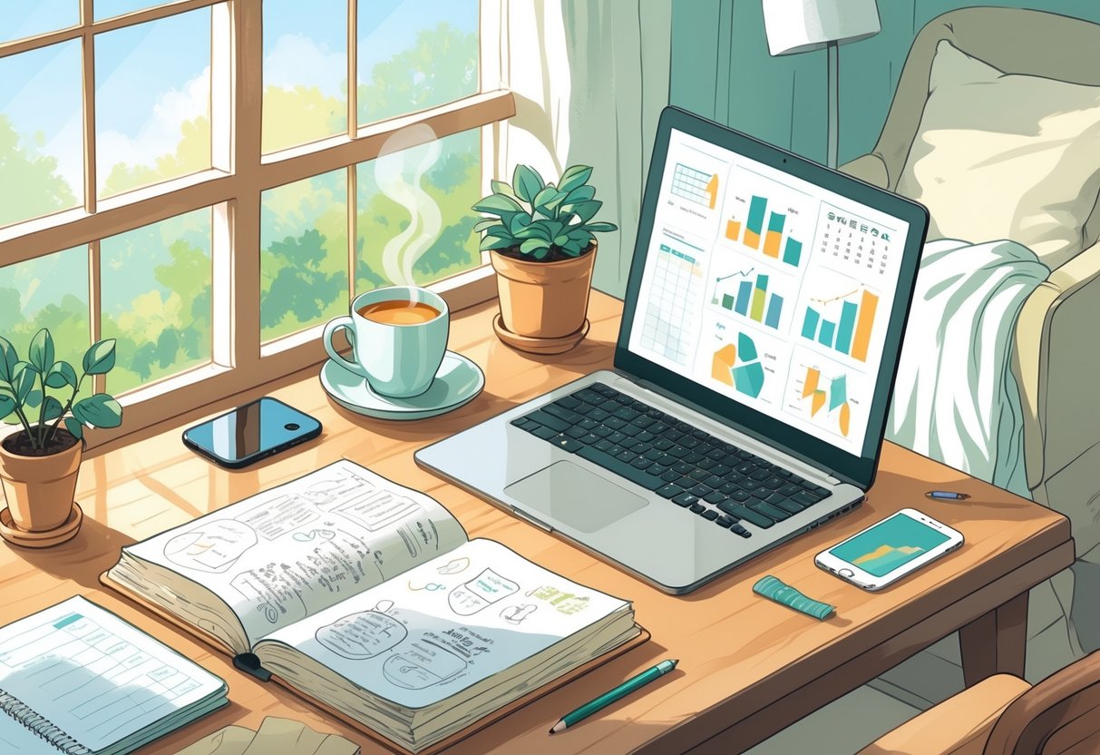 A cozy workspace with a desk holding an open journal, laptop, cup of tea, and a baby’s toy nearby, bathed in natural sunlight.