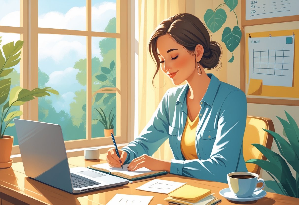 A mom sitting at a desk writing in a journal with a laptop, sticky notes, and a cup of coffee nearby, in a bright room with a plant and window.