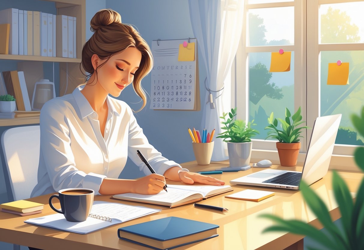 A mom writing in a journal at a desk in a bright home office surrounded by a laptop, calendar, sticky notes, and a plant.