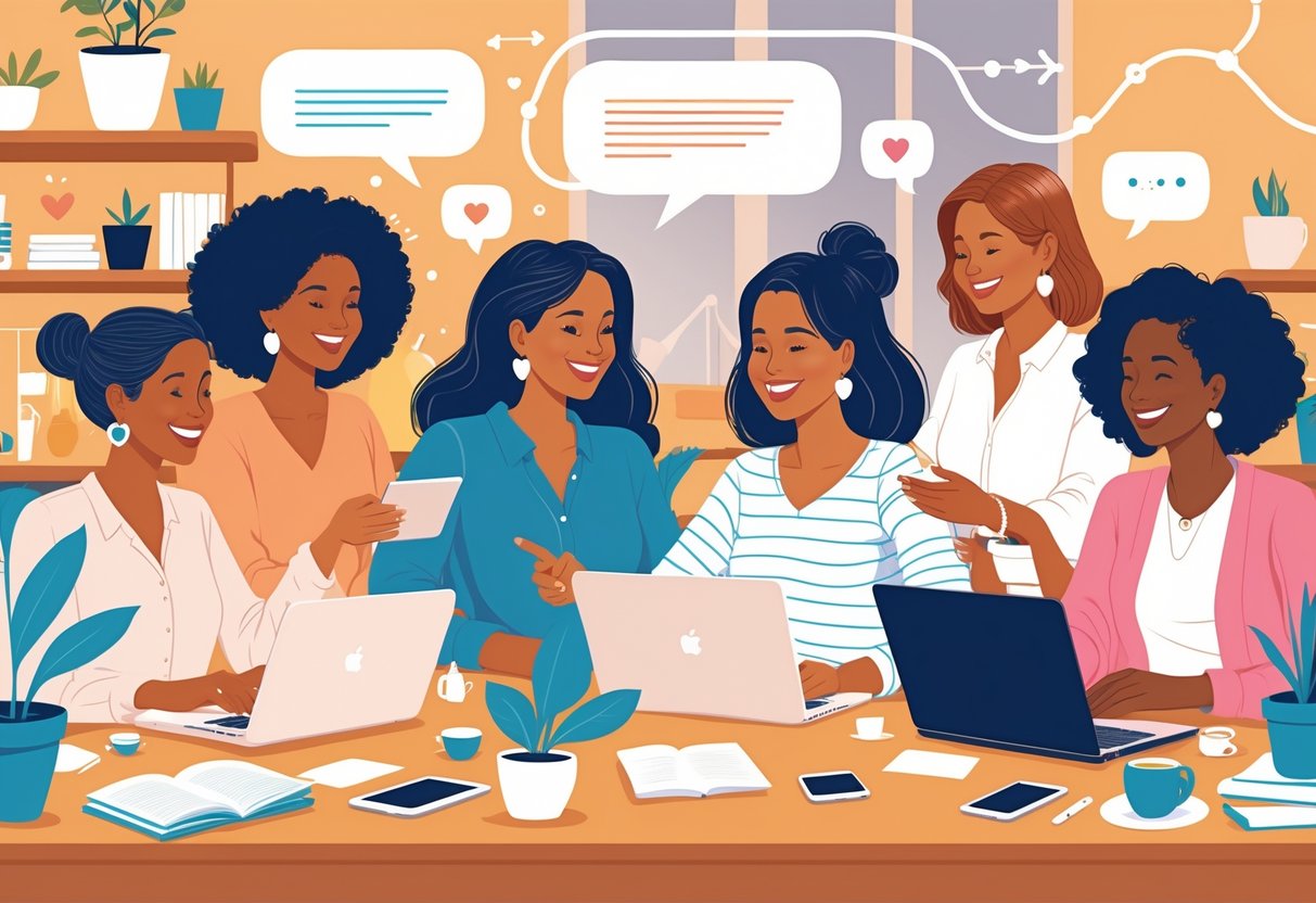 Several diverse mom entrepreneurs connecting and collaborating online from their home workspaces, sharing ideas and support.
