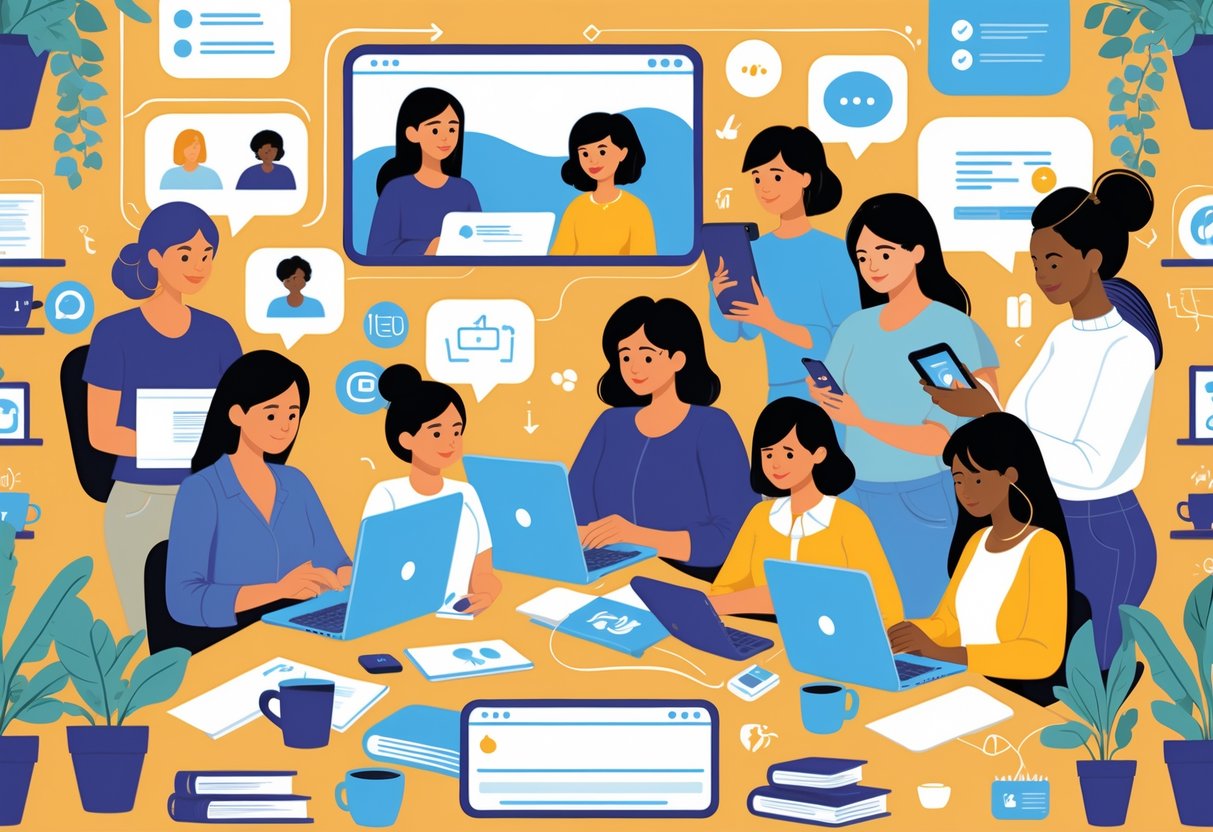 A group of diverse mom entrepreneurs using digital devices at home, connected through online community activities.