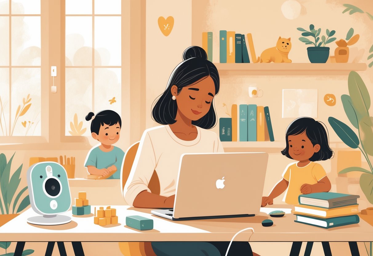A mother working on a laptop at a home desk while her toddler plays nearby, showing a balance between caring for her child and pursuing work.