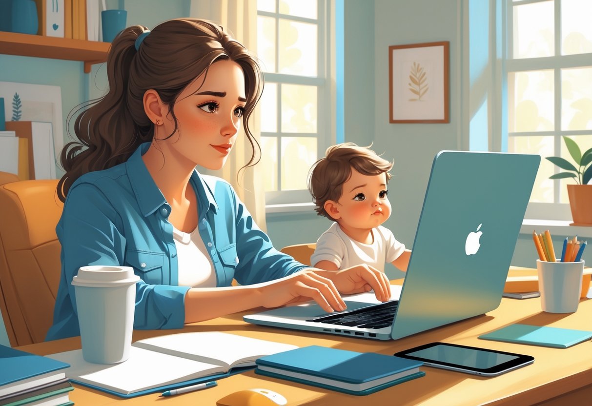A mother working on a laptop at home while her child plays nearby, showing the balance between business and motherhood.