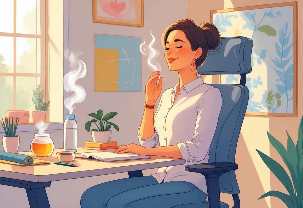 A woman sitting peacefully in a home office surrounded by self-care items like tea, a journal, and a yoga mat, symbolizing balance and relaxation.