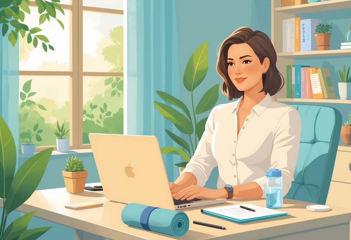 A woman working at a tidy desk in a home office surrounded by plants, a yoga mat, and a cozy meditation corner, appearing calm and focused.