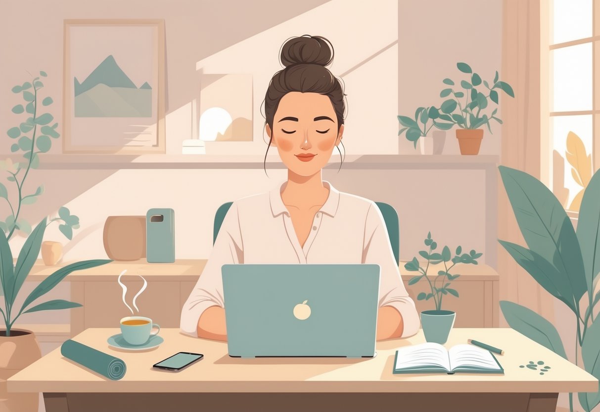 A woman sitting at a desk with a laptop and tea, surrounded by a yoga mat, journal, and plants in a calm, cozy room.