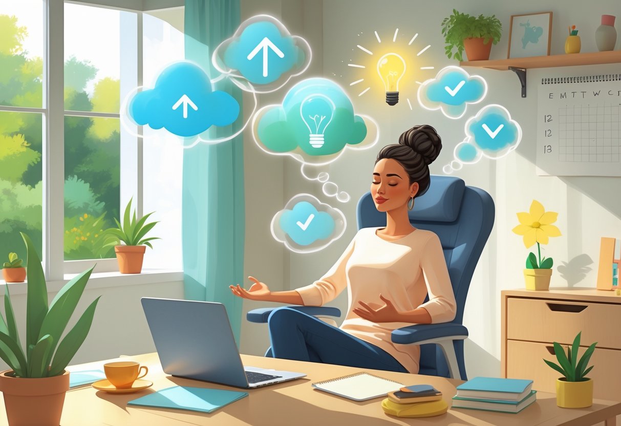 A mom sitting peacefully in a home office, meditating with eyes closed, surrounded by symbols of growth and success, with family elements visible in the background.