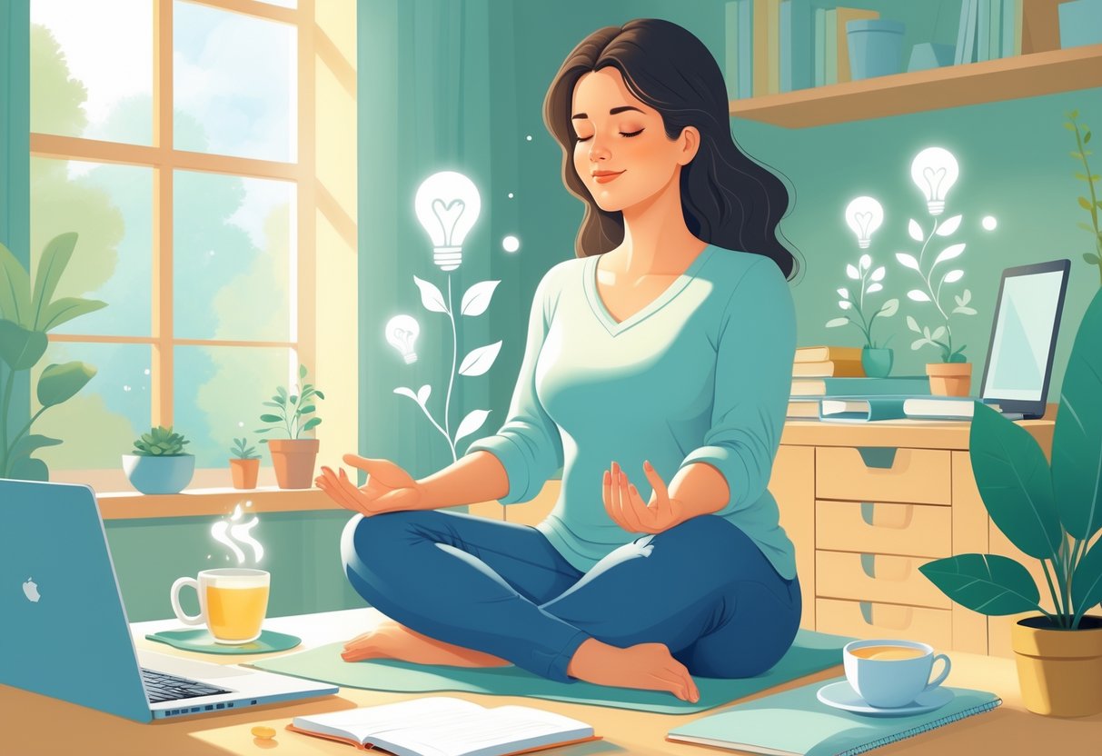 A mom entrepreneur sitting peacefully in a home office with eyes closed, meditating surrounded by symbols of growth and success.