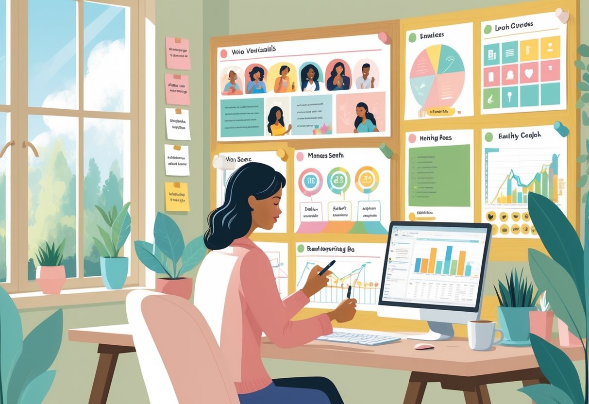 A mother working at a desk in a bright home office, surrounded by vision boards filled with images and symbols representing her goals and dreams.