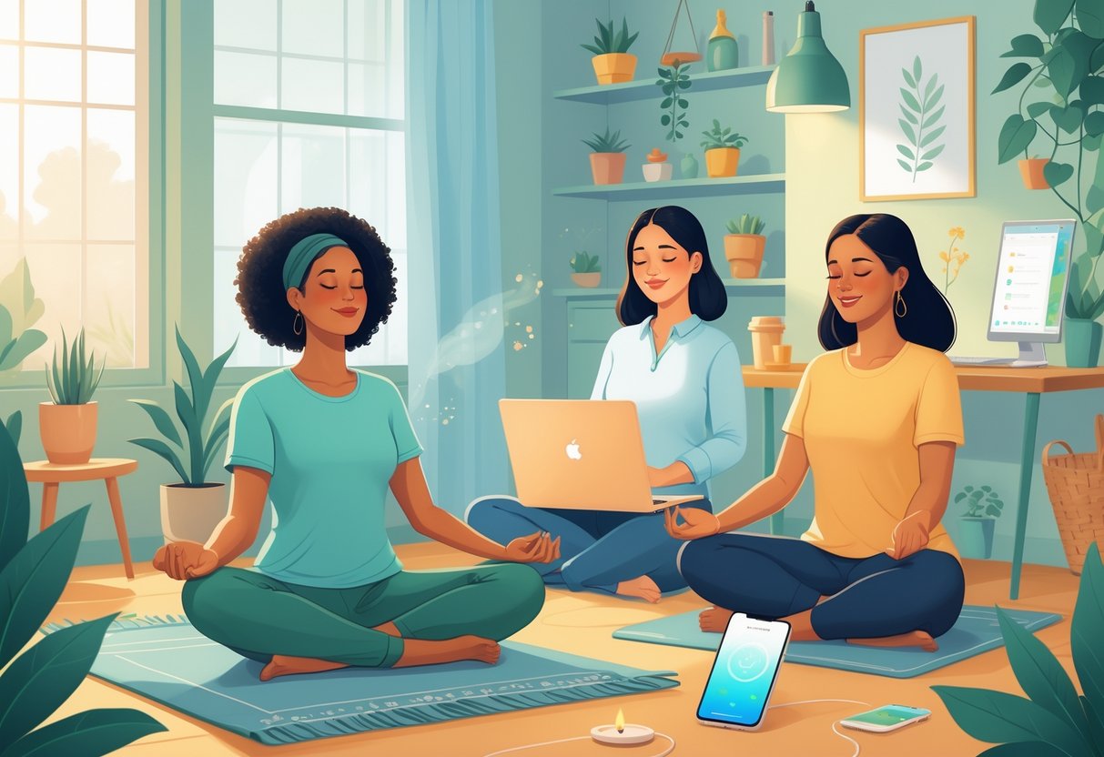 Several moms in a cozy home meditating and working on business tasks, surrounded by calming plants and a tidy workspace.