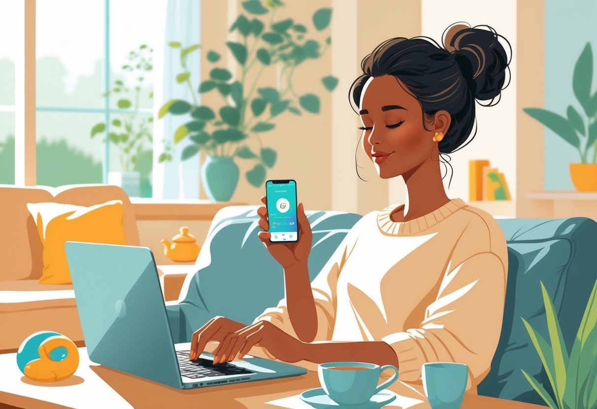 A mom sitting on a couch using a smartphone meditation app while working on a laptop, surrounded by baby toys and a cup of tea in a cozy living room.