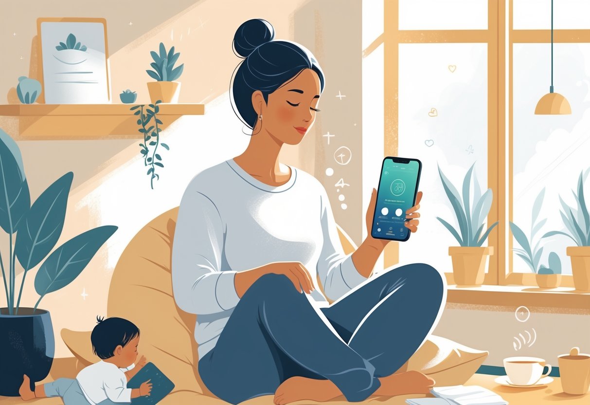 A mother sitting peacefully at home with a smartphone, surrounded by a baby, laptop, and plants, symbolizing balance between parenting and work.