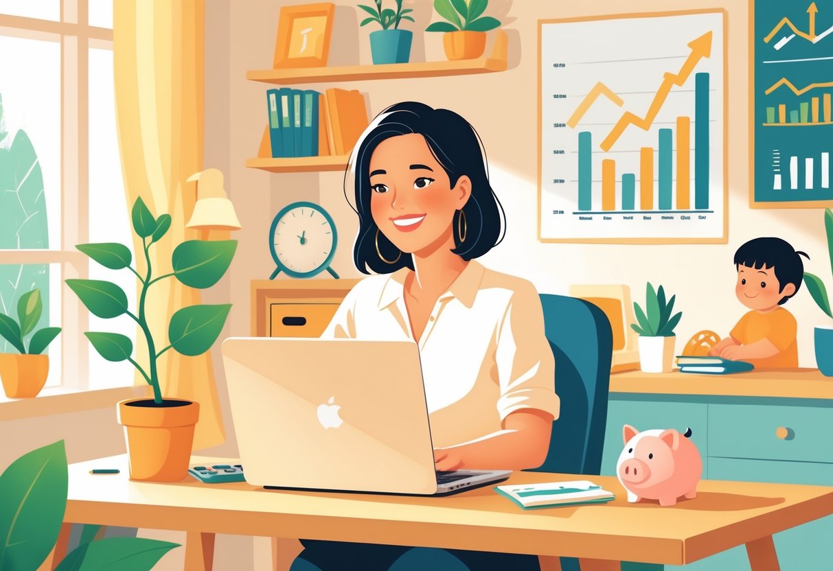 A stay-at-home mom working on a laptop in a bright home office while her child plays nearby, surrounded by symbols of financial growth and a positive atmosphere.