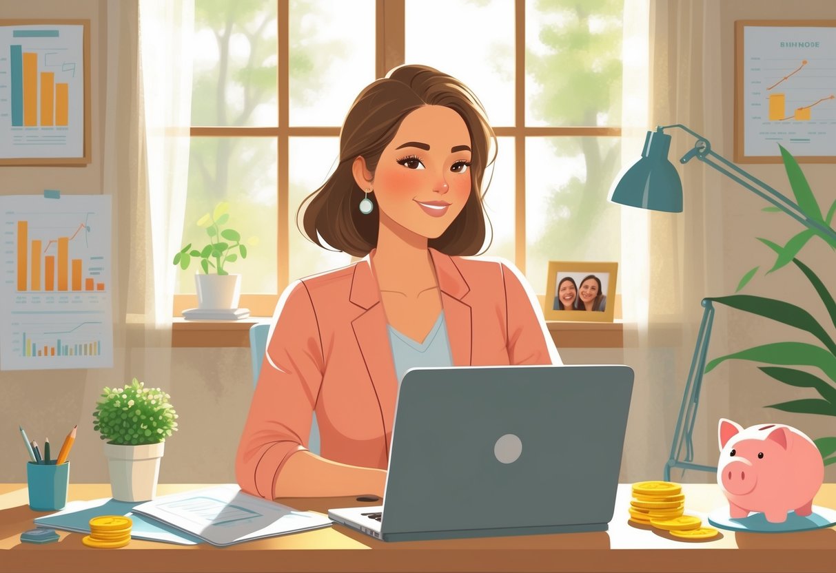 A stay-at-home mom working at a desk with a laptop in a home office, surrounded by symbols of financial growth and a family photo.