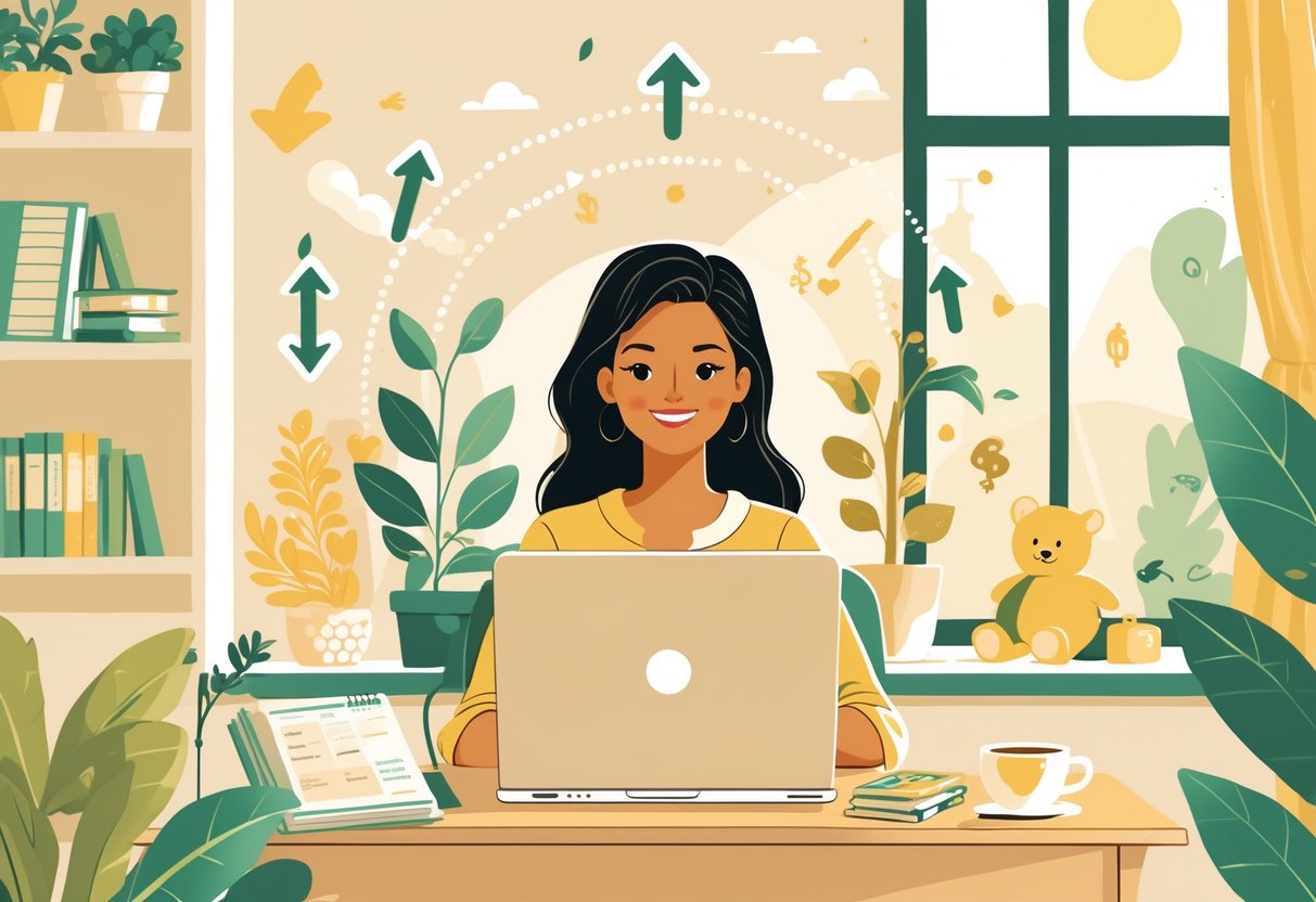 A stay-at-home mom sitting at a desk in a cozy room with a laptop, surrounded by symbols of growth and financial freedom, with children's toys nearby and sunlight coming through a window.