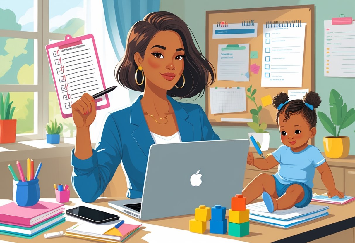 A mom entrepreneur working at her desk with a laptop while holding her toddler, surrounded by work materials and toys, showing a balance between work and motherhood.