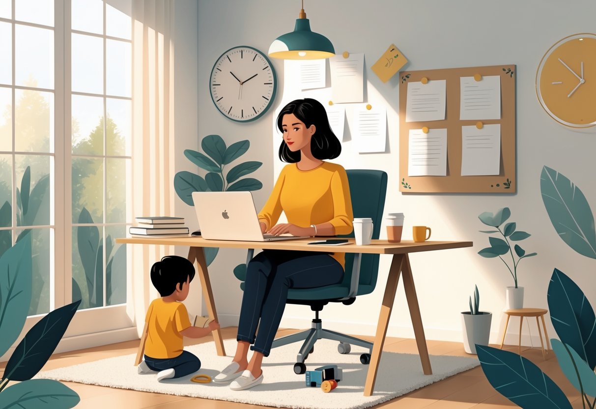 A mom working at a desk with a laptop while her toddler plays nearby, showing the balance between work and family life.