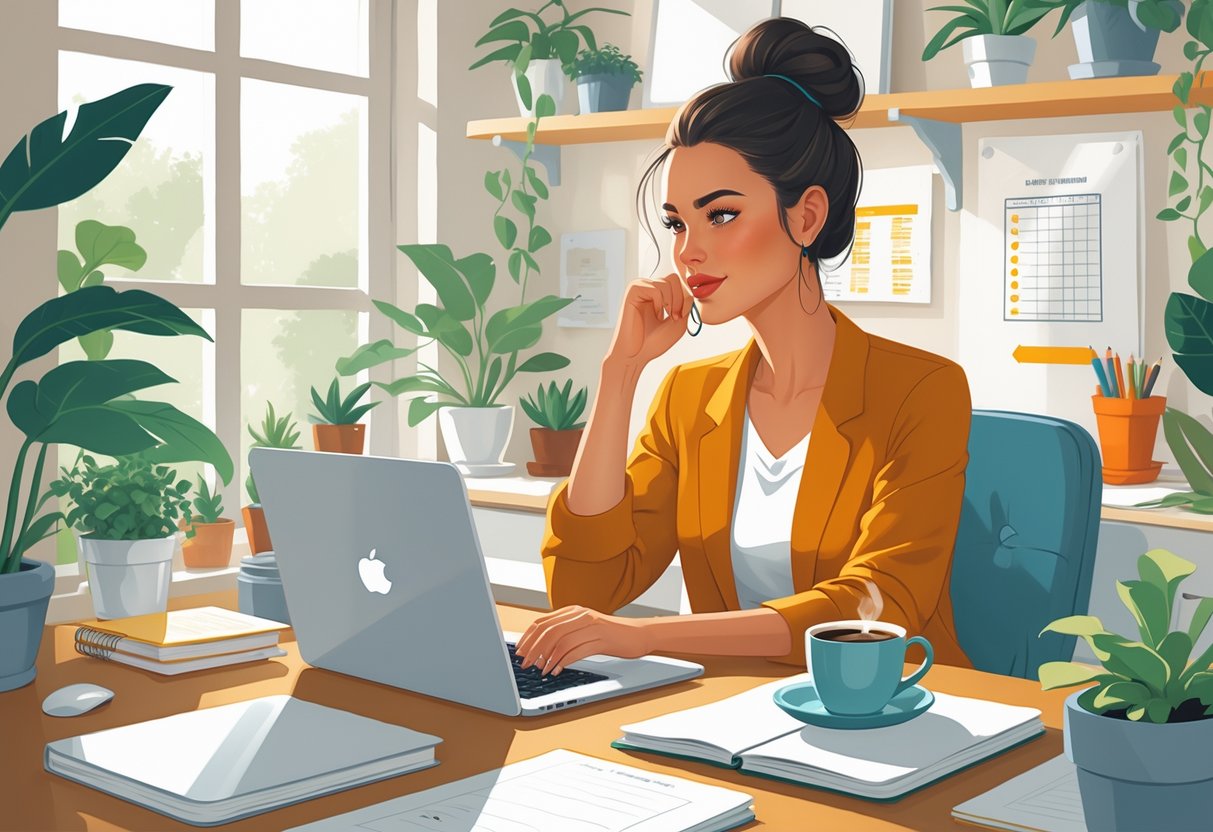 A woman working on a laptop in a home office with a child playing nearby, showing balance between work and motherhood.