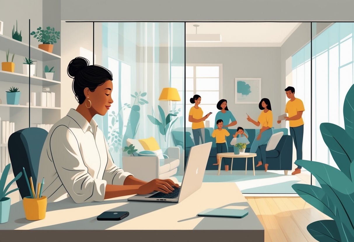 Person working at a desk in a home office separated by a glass partition from family members in a living area.