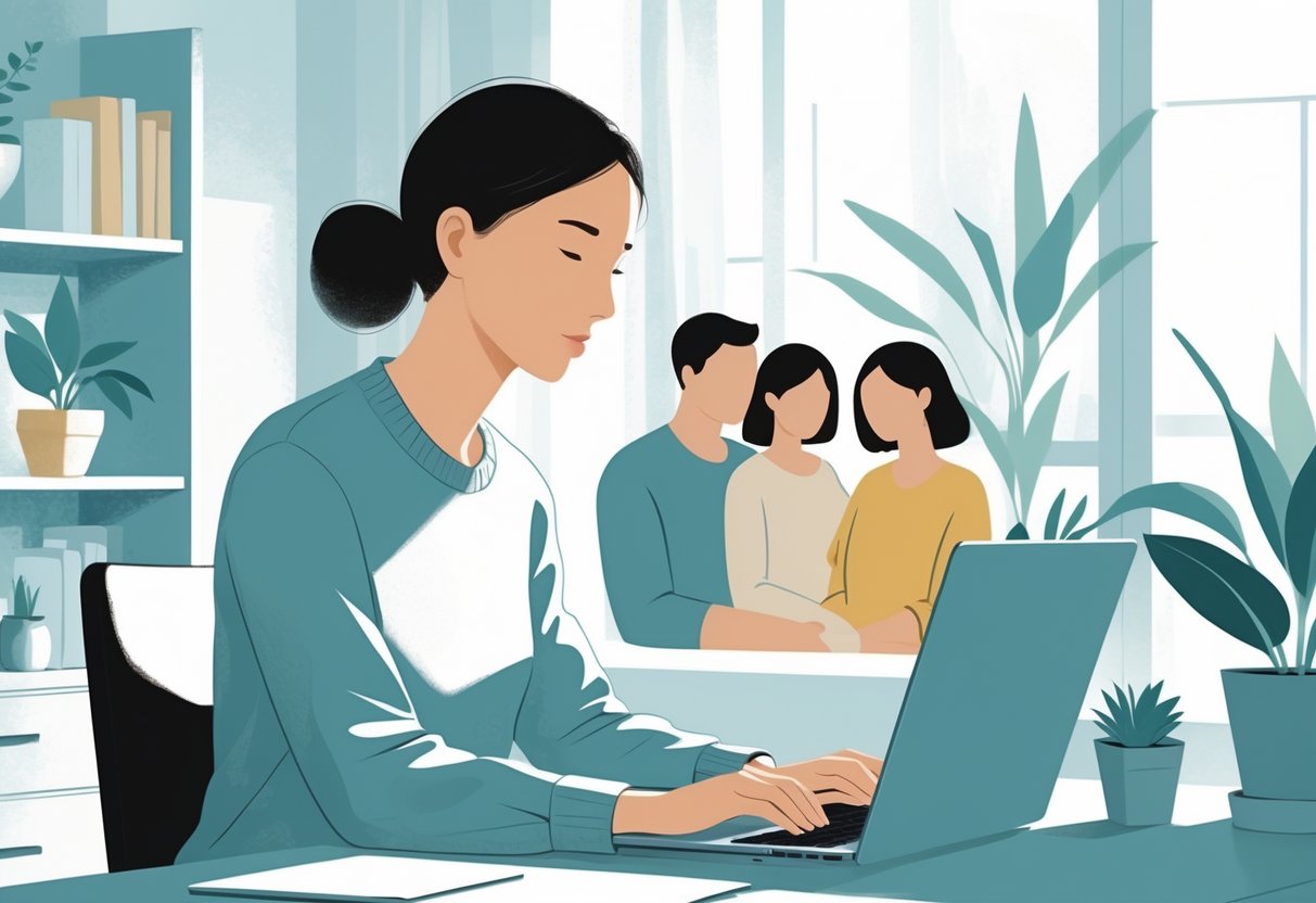 A person working on a laptop at home with family members in the background, maintaining respectful distance.