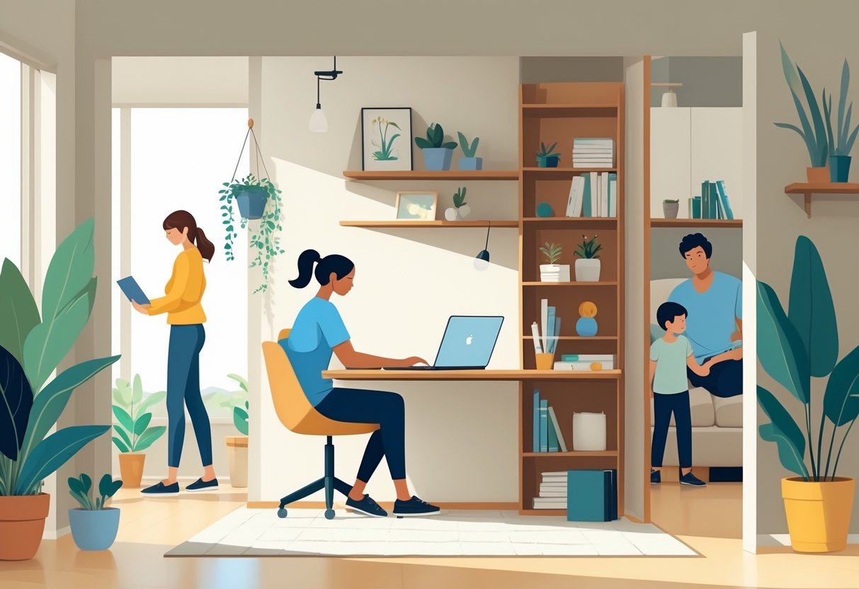 Person working at a desk in a home office separated from family members who are nearby but giving space.