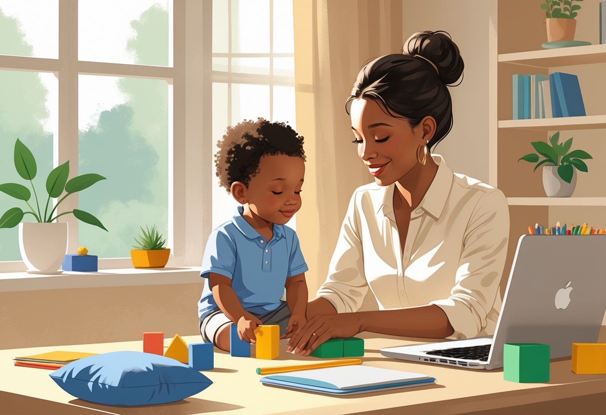 A parent working on a laptop at home while attentively playing with their preschool child on the floor nearby.