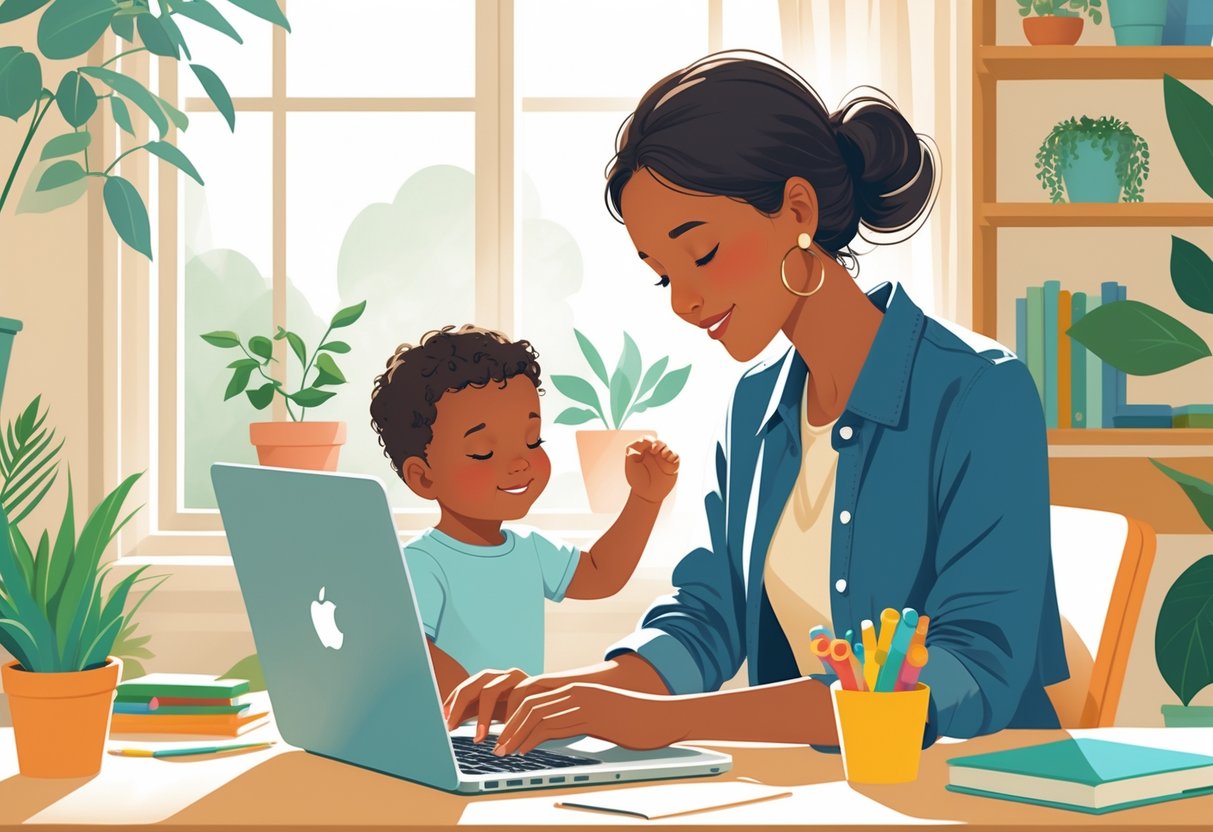A parent working on a laptop at home while gently interacting with their preschool child playing nearby.