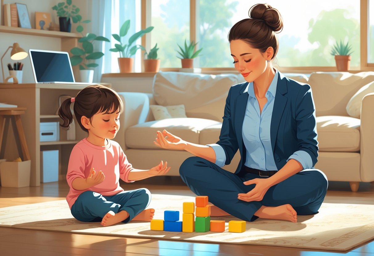 A parent and preschool child sitting on the floor together, calmly engaging in a mindful activity in a home setting with a nearby workspace.