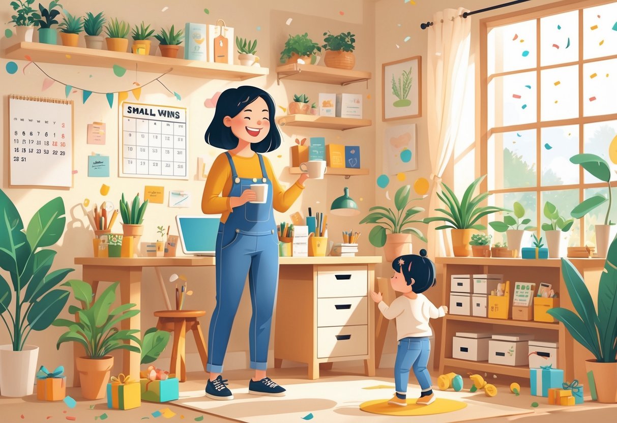 A smiling mother running a small business at home with her child playing nearby, surrounded by products and decorations celebrating her achievements.