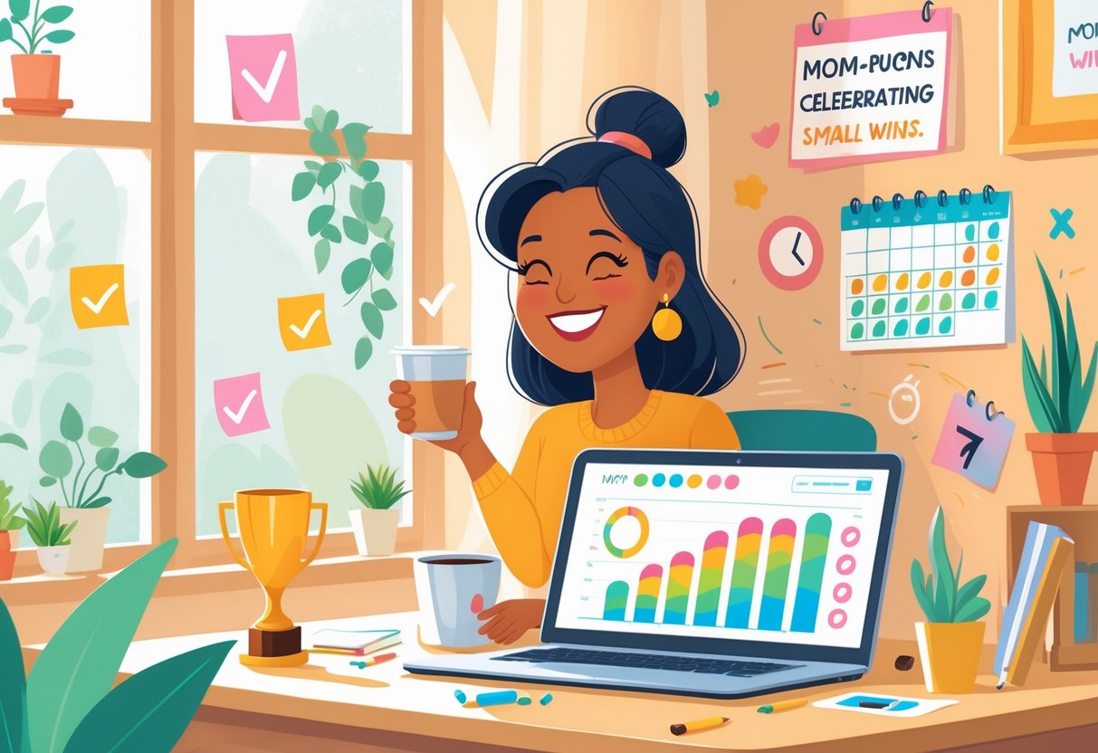 A mother working at her home office desk, smiling and surrounded by symbols of achievement like sticky notes, a small trophy, and a calendar, celebrating progress in her small business.